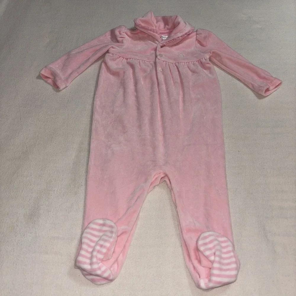 Ralph Lauren‎ Girl 9 Months Pink Soft Velour Collar Footed One Piece Outfit EUC